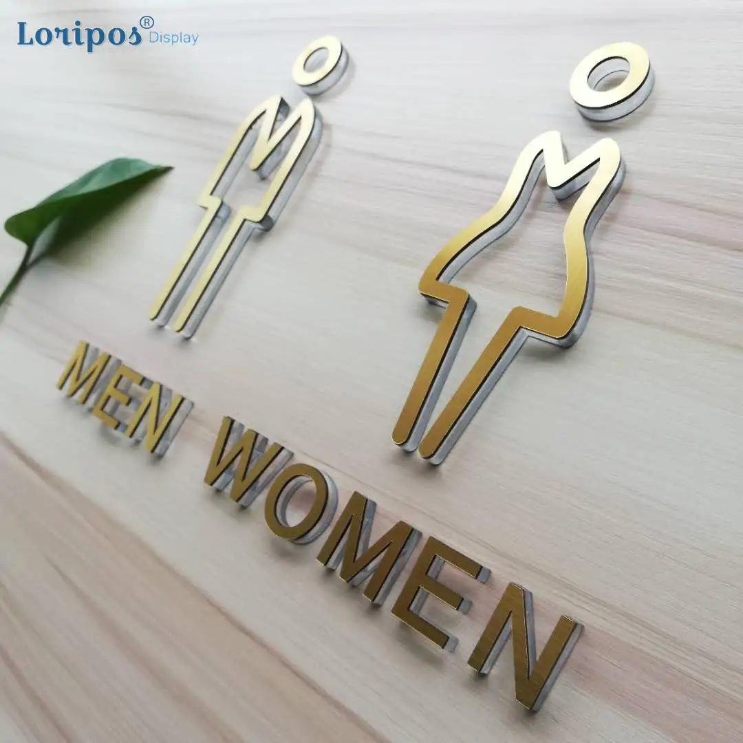 High Grade Toilet Sign Men And Women Wc Sign For Bathroom Door Sign Gold Acrylic Wall letters Wall Signage Word Block Customized