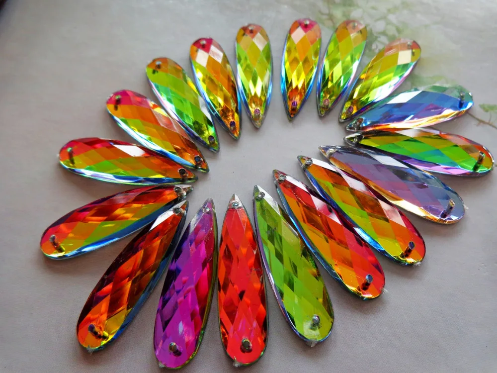 Free shipping multi colour sew on rhinestones 7*28mm long drop shape