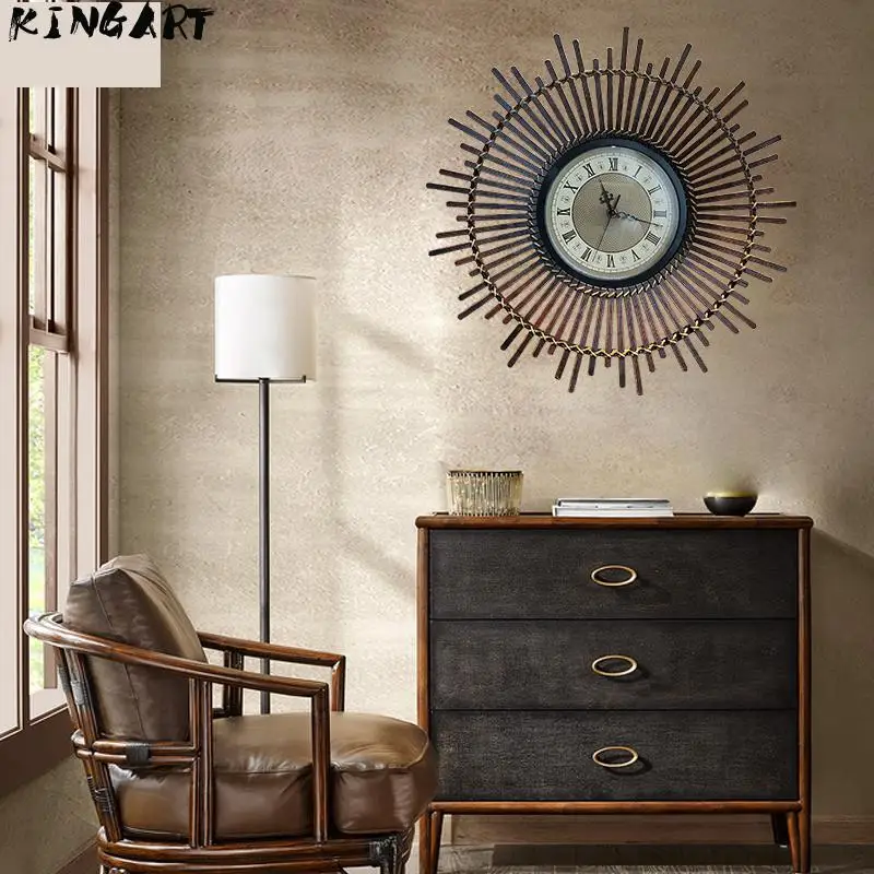 

Antique Wall Clock Vintage Bamboo & Wood Frame Wall Watch Antique Color Wall Decoration Quartz Retro Wall Clock
