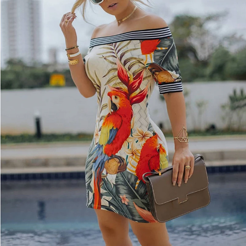 Boho Летние Элегантные Slash шеи Bodycon Mini Платья для вечеринок Для женщин Птица с