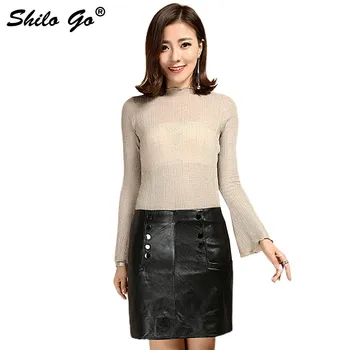 

Leather Skirts Womens Spring Fashion sheepskin genuine leather Skirts high waist metal double breasted pencil skirts