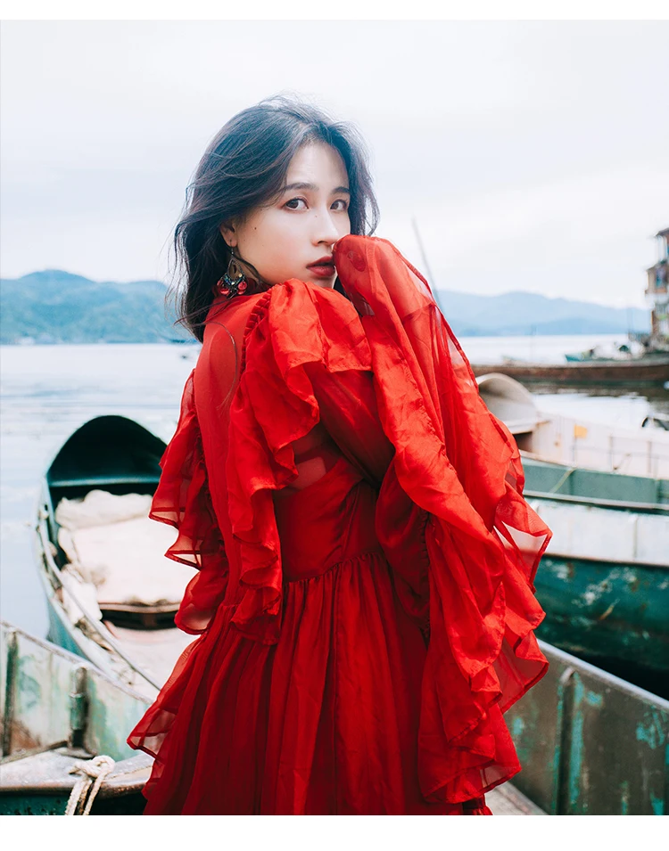 Yi Lin Kay весеннее и летнее индивидуальное модное народное таможенное красное шифоновое винтажное платье макси с расклешенными рукавами
