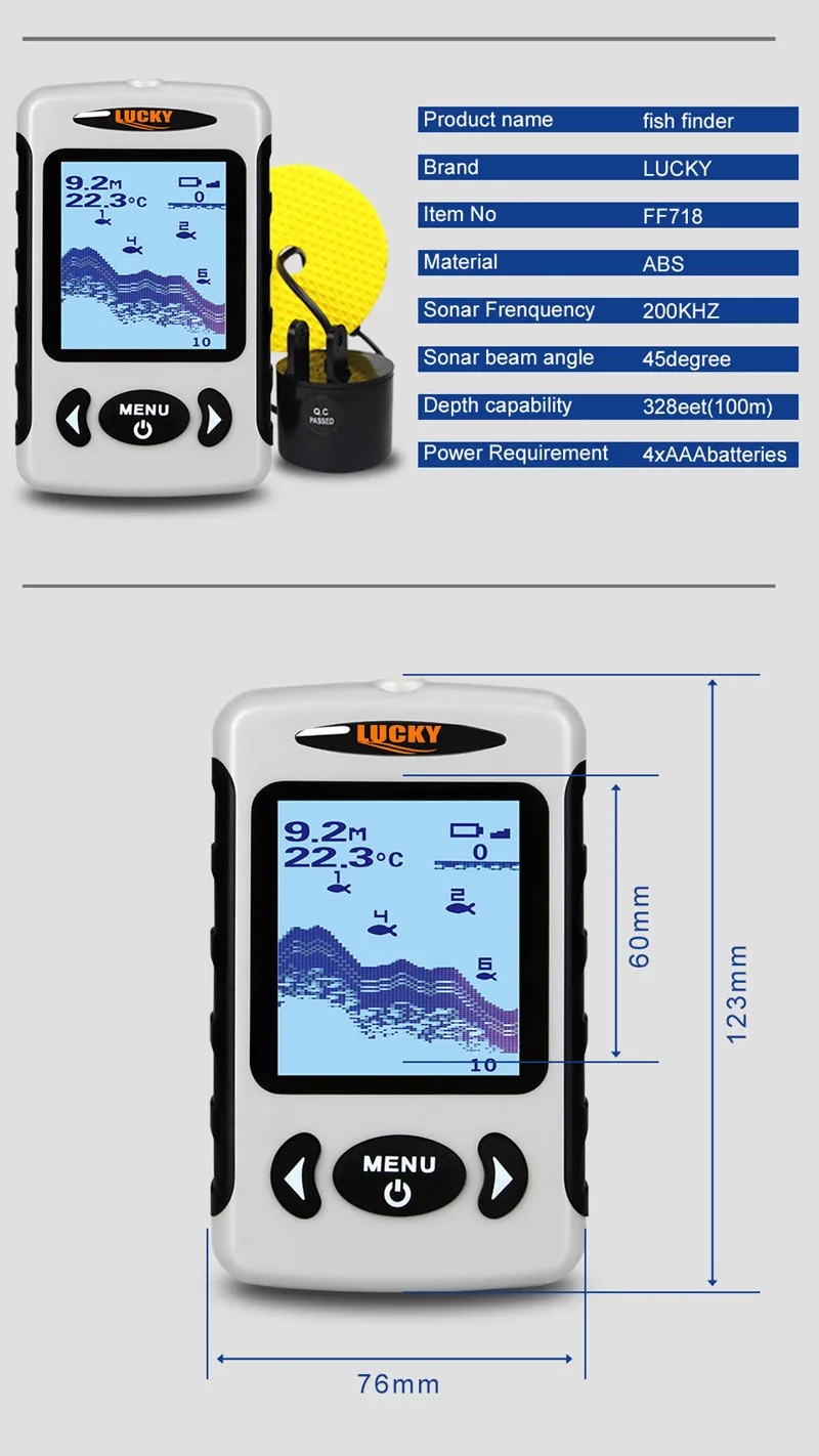Portable Fish Finder FF718 Sonar Wired LCD Fish Depth Finder Alarm 100M Fishing Tackle 3 Language Russian English German Menu pesca bite alarm (2)