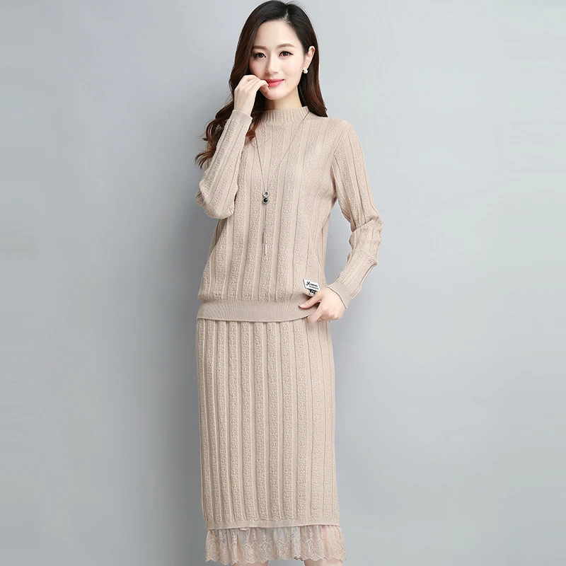 Spring New Knitted Sweater Two Piece Set Top+ Skirt Women Plus size Lace edge Skirt Loose Turtleneck Sweater Pullover Dress 3XL