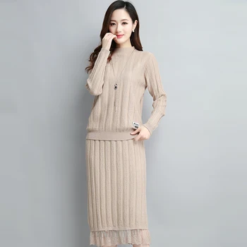 

Spring New Knitted Sweater Two Piece Set Top + Skirt Women Plus size Lace edge Skirt Loose Turtleneck Sweater Pullover Dress 3XL