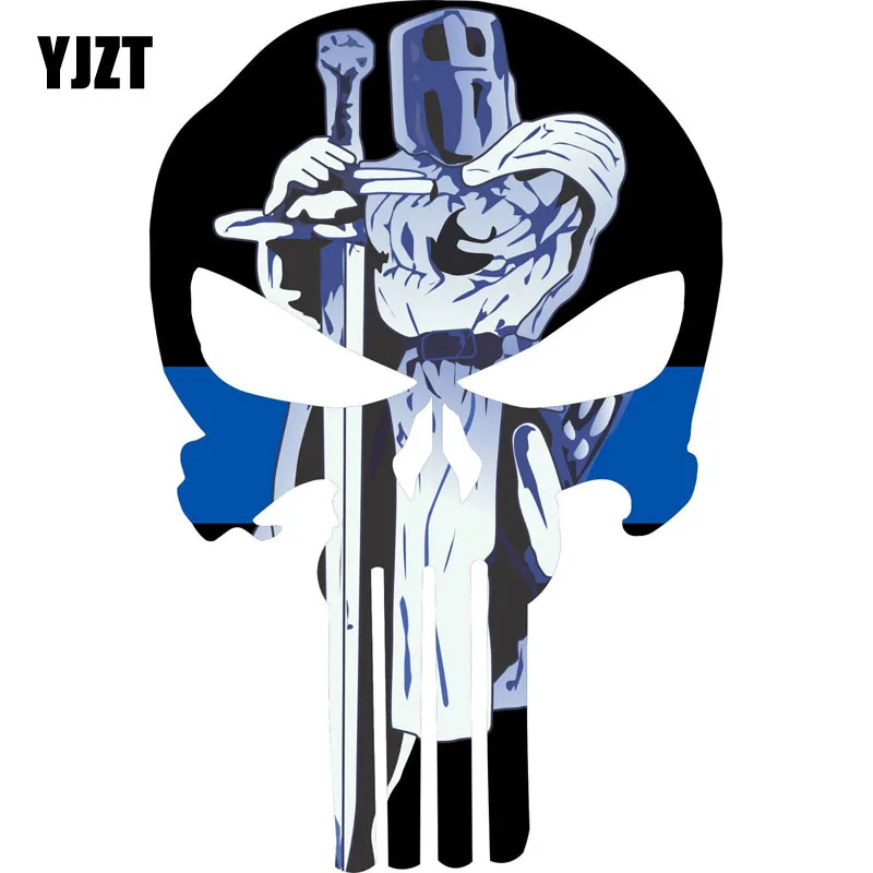 YJZT 9,7 см* 15,2 см Каратель Череп тонкая синяя линия наклейка меч стоящий полицейский наклейка светоотражающая Автомобильная наклейка C1-7029