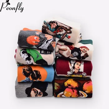 

PEONFLY autumn winter New Retro Art Oil Painting women socks men socks fashion happy lovers cotton long socks sokken calcetines