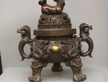 

25'' China Bronze Censer Incense Burner Foo Dog Dragon Play Pearl Ball