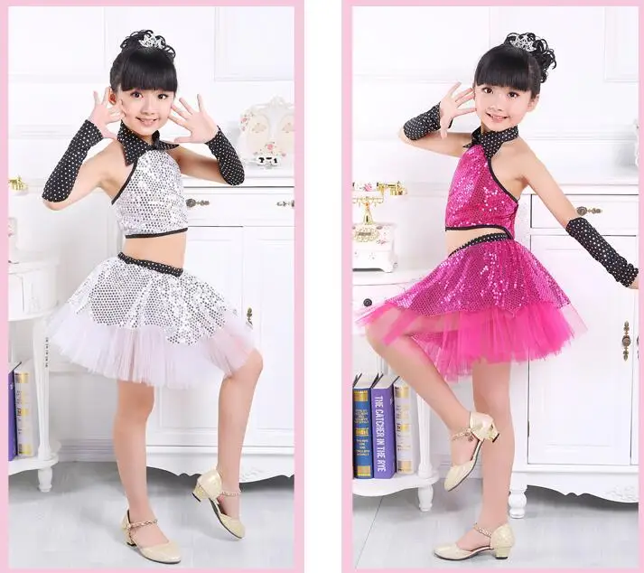

2019 Children Sequin Jazz Dance Modern Dance Costume Fashion Latin Waltz Dancing Dress Stage Show Dresses Jazz Costumes For Girl