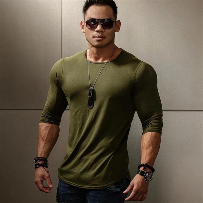 Брендовая Новинка, облегающая футболка для тренажерного зала, Мужская футболка для фитнеса, homme Silm Fit, футболка с длинным рукавом, Мужская облегающая футболка на осень - Цвет: Армейский зеленый