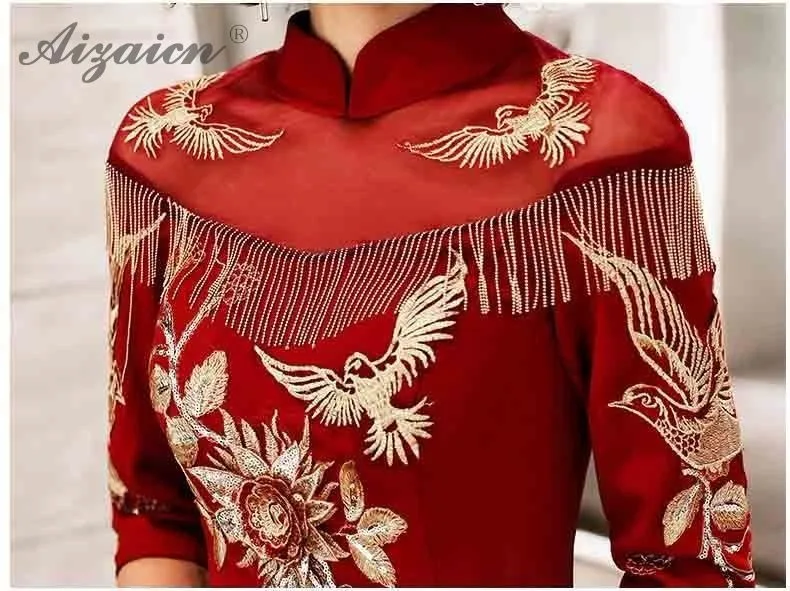 Bordado rojo Qipao chino tradicional boda Vestido Cheongsam винтажный bata 2019 Восточный ropa Китай borla larga vestidos