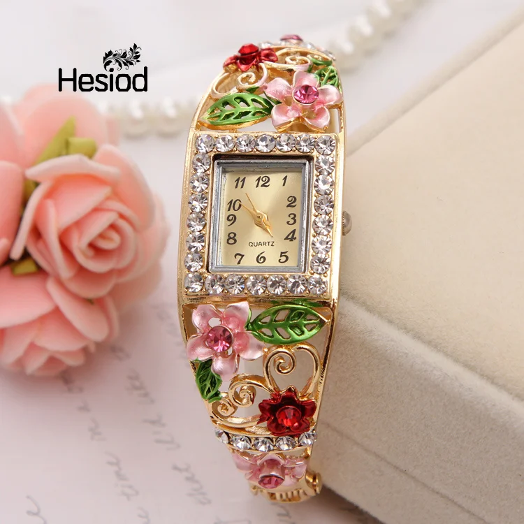 

Hesiod Fashion Hollow Floral Flowers Rhinestone Quartz Watch Women Dress Wristwatches Square Dial Vintage Watches