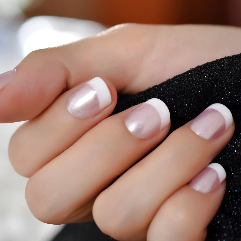  Pearl Shine Pink French Nail White Round Fake Nails Short Glossy Satin Artificial Lady Fingernails 