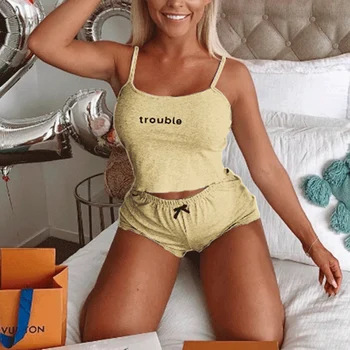 

Sexy Spaghetti Strap Print Letters Shorts Slim Women Sets Ladies Short Style European Style Casual Bottoming Sportswear SJ3550U