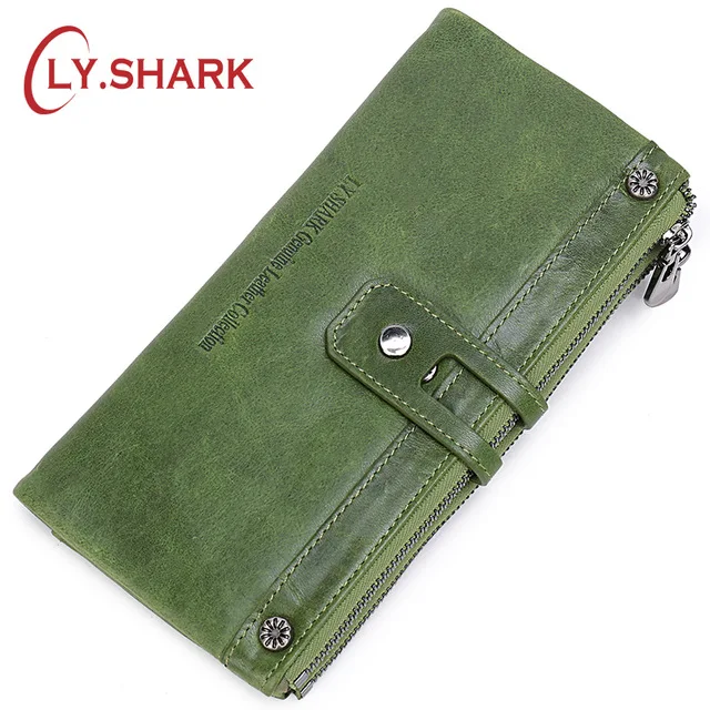 LY.SHARK Genuine Leather Wallet Women Coin Purse Lady Wallet Female Credit Card Holder Clutch Bag Money Long Wallet Phone Green