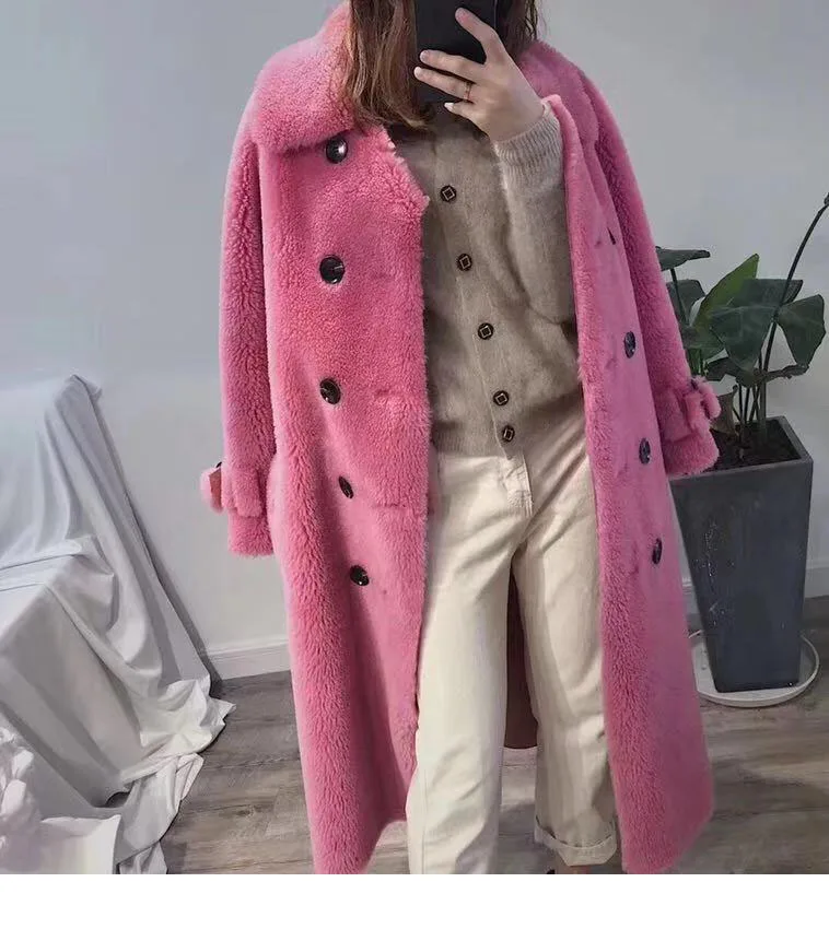 OFTBUY winter coat women windbreakers natural wool lamb fur sheepskin faux leather long trench coat Double-breast jacket