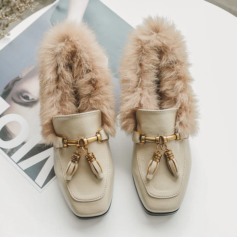 

Autumn And Winter New Casual Deep Mouth Single Shoes Female Metal Bell Buckle Hair Shoes Female Thick Velvet Warm Women'S Shoes