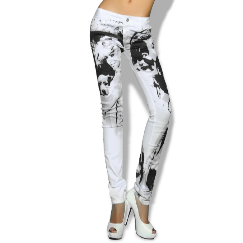 

2019 new spring and autumn plus size brand female women girls stretch Graffiti skinny pencil pants jeans clothes 79397