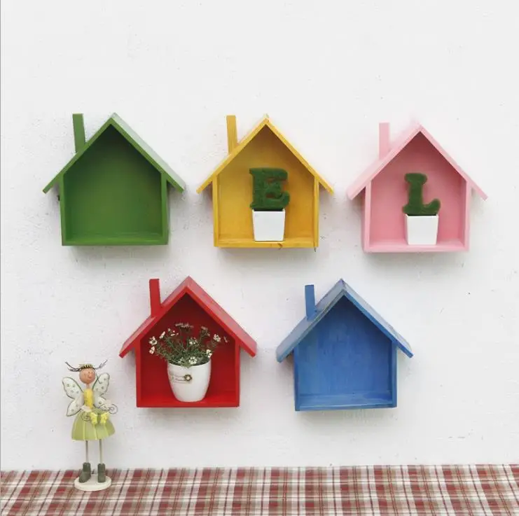Wooden Wall Decor Retro Village Colored Small House Wall Shelf Hanging