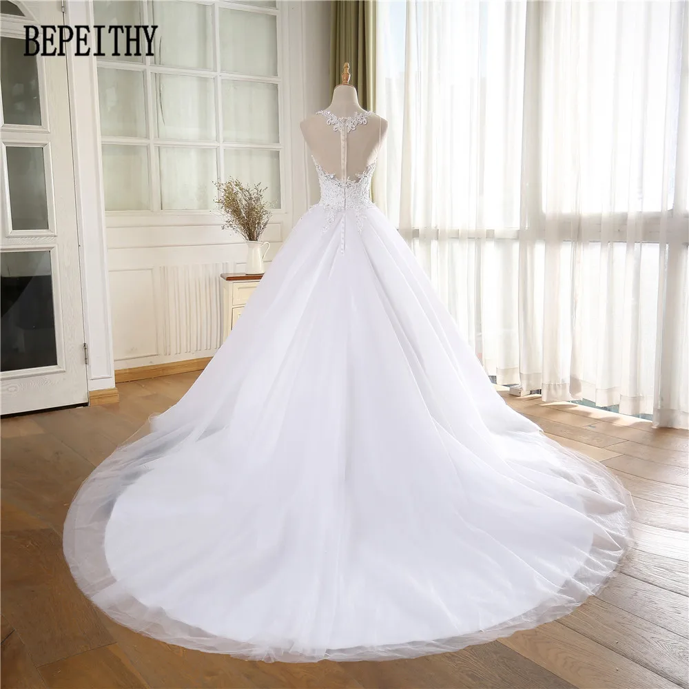 BEPEITHY настоящая фотография Vestido De Noiva Дизайн Глубокий овальный благородный Кружевной Тюль Аппликации бальное платье Свадебные платья