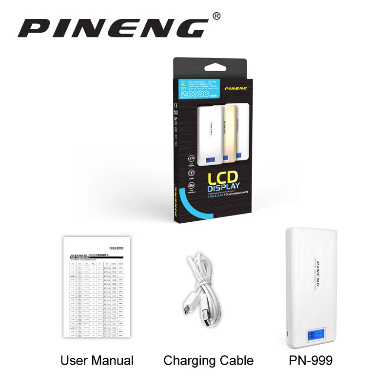 100% Original Pineng Power Bank PN-999 Super High Capacity 20000mAh Dual Micro USB Charger Mobile Power for Smartphones Tablets