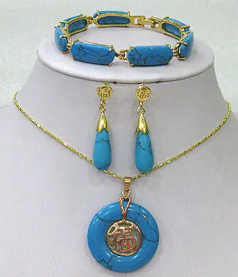 

Blue Turquoise Link Bracelet/ Earrings /Necklace Pendant Set 18K gold plated watch wholesale Quartz stone CZ crystal (A0503)