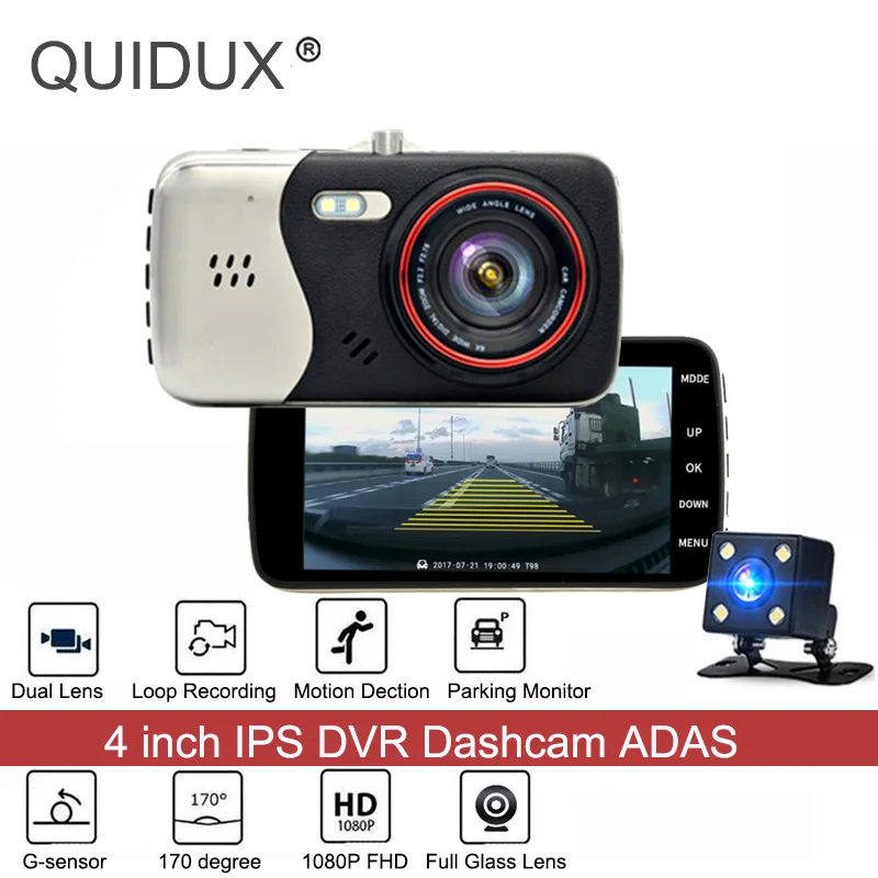 QUIDUX тире Камера 4 "ips Full HD 1296 P ADAS Двойной объектив 170 градусов угол WDR 1080 P авто видео регистраторы регистратор обнаружить Видеорегистраторы