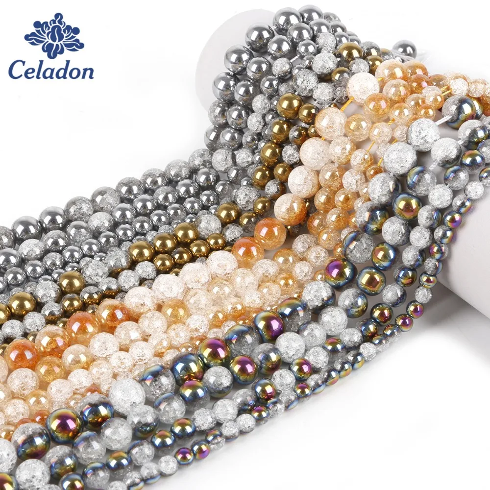 

Wholesale 6/8/10/12mm One Side Plated Color Cracked Crystal Natural Stone Beads For Jewelry Making DIY Bracelet Necklace