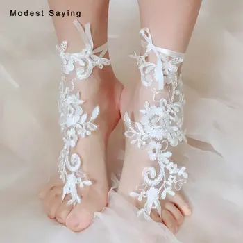

Elegant Ivory Lace Wedding Barefoot Sandals 2018 Free Size Anklet Shoes With Toe Sandbeach Bridal Beach Bridesmaid Foot Jewelry