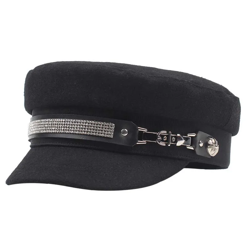 QDKPOTC, модные женские шапки в стиле милитари, стразы, Осень-зима, повседневная шапка с плоским верхом, Черный берет, женская кепка Newsboy - Цвет: Черный
