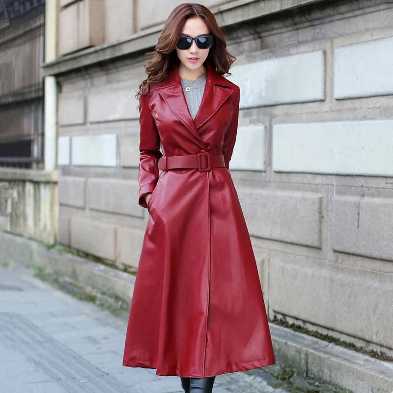 Haut Manteaux X Mode Cuir thicken La Pu Black Taille Plus Printemps De longue Veste Red En Automne Femmes Gamme thicken Ceinture Black 2018 Mince red Tranchée PAw8qS