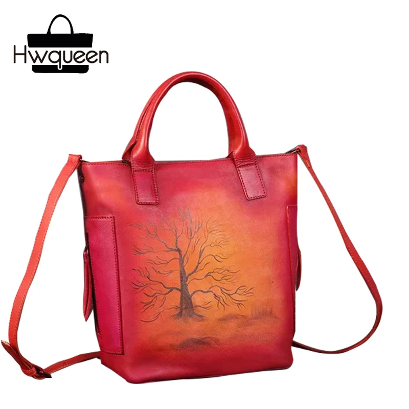 

Vintage Unique Hand Painting Tree Designer Genuine Leather Ladies Buckets Bag Peacock Blue Women's Handbag Female Shoulder Bag