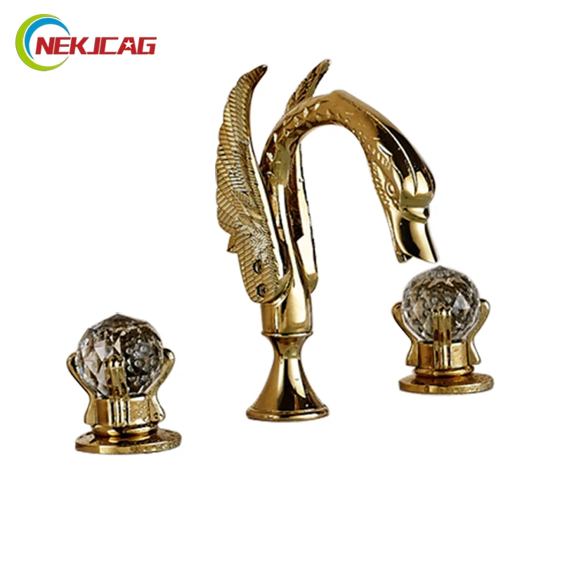 

Luxury Two Crystal Handle Bathroom Sink Basin Mixer Faucet Golden Swan Basin Faucet Deck Mount 3 Holes