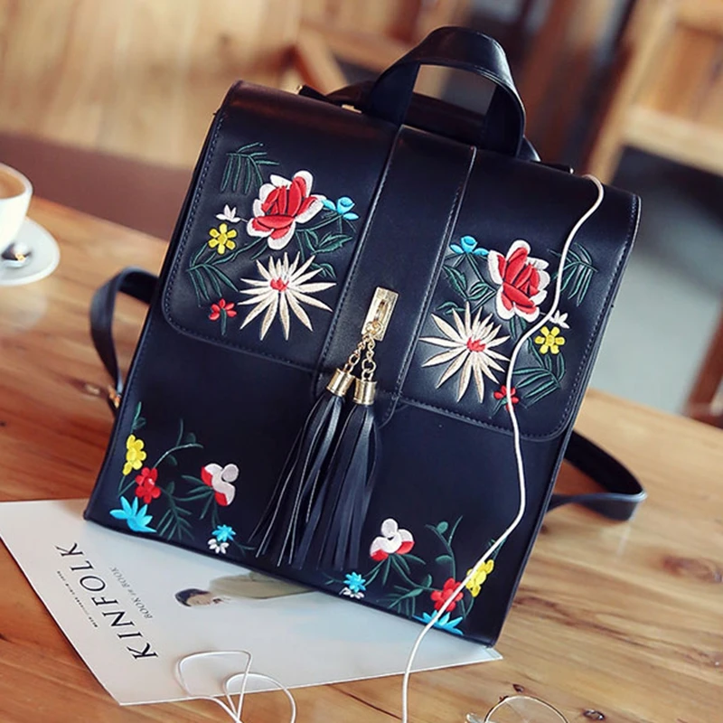 High Quality PU Bagpack Women Embroidery Backpack School Bags For Teenagers Rugzak Casual Trave Backpacks Women
