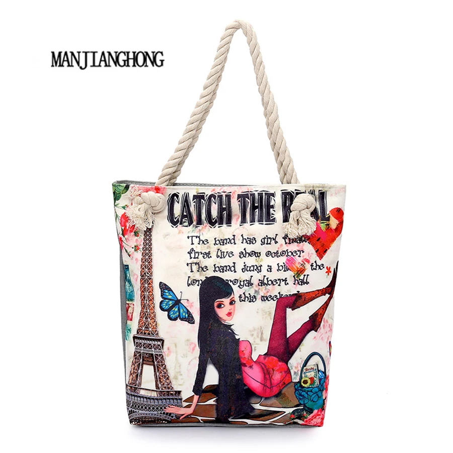 

MANJIANGHONG Women Canvas Beach Bag Paris Tower Printed Female Shoulder Bags For Girls Single Shopping Bag Top-Handle Bags Bolsa