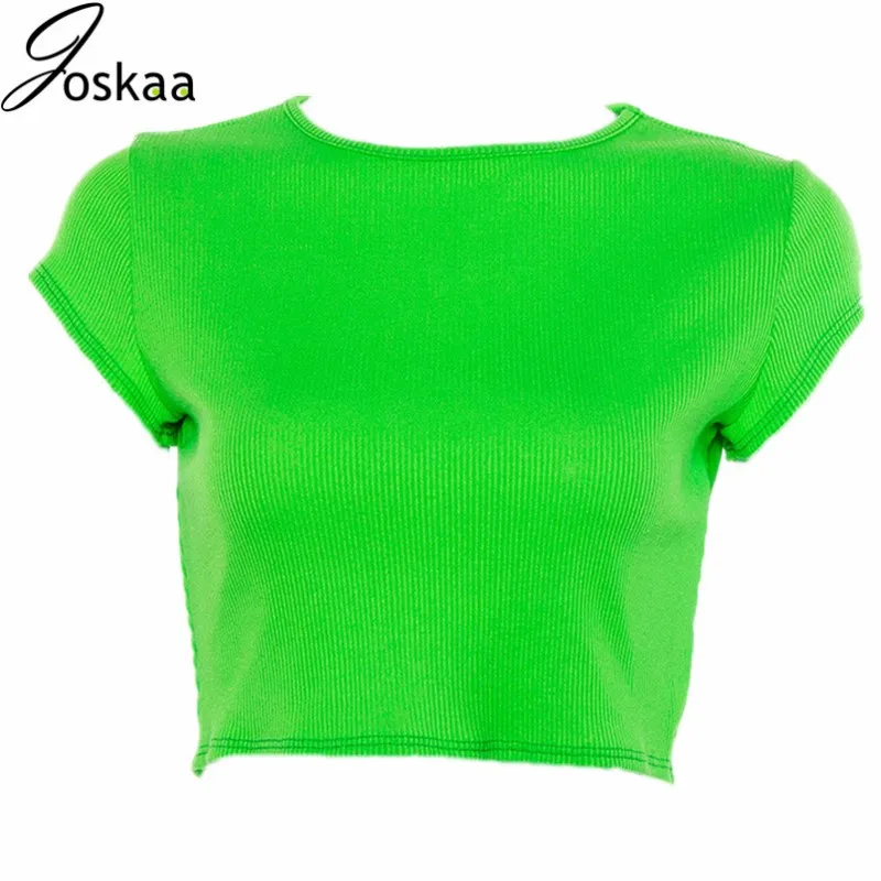 

O Neck Knitted Neon Green Solid Casual Short Sleeve Tshirt Bodycon Cropped Tee Cute Sexy Harajuku Ladies Summer Crop Tops