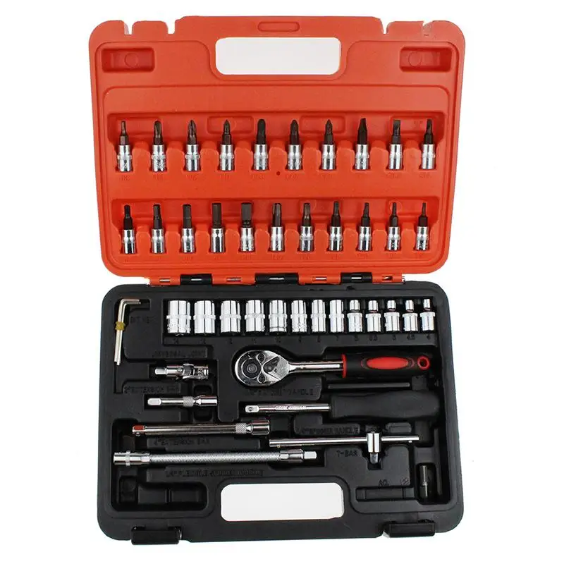 

46 Pcs Portable Car Repair Tool Socket Set Car Repair Car Torque Wrench Combo Tool Box Kit (Red And Black)