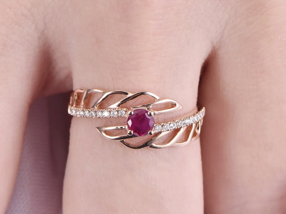 

14k Rose Yellow White Gold Natural Genuine Ruby Diamond Antique Unique Engagement Ring Wedding Band Women Anniversary Gift Round