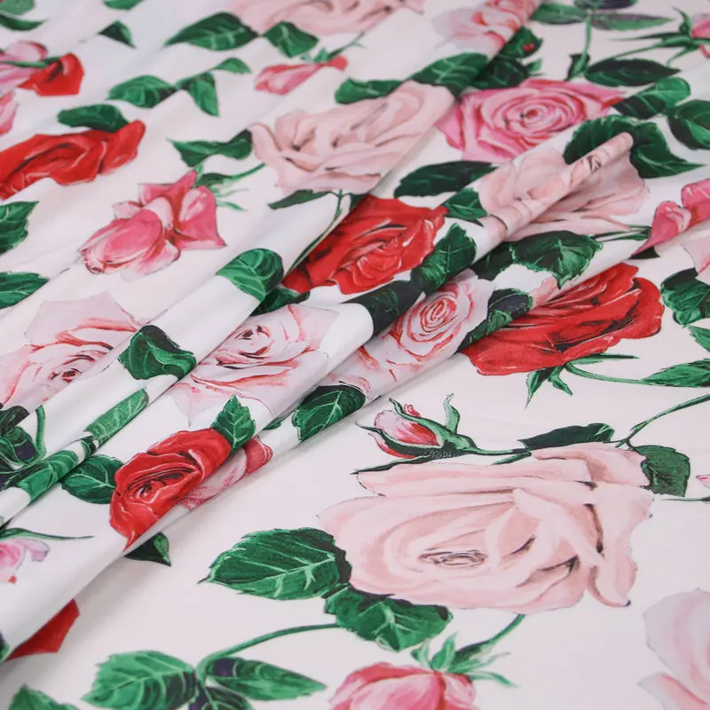 

145cm Width Mix Rose Print White Polyester Charmeuse Fabric for Woman Summer Dress Pajama Shirt Pants Sewing DIY-AF983