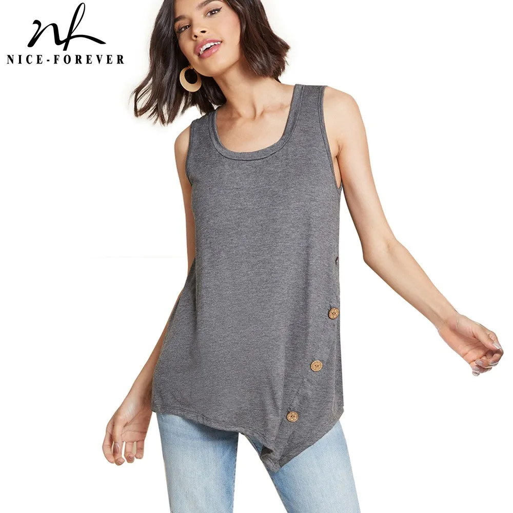 

Nice-forever Casual Button Round neck Sleeveless T-shirts Stylish Irregular hem Loose Female Women Tank Tees tops T037