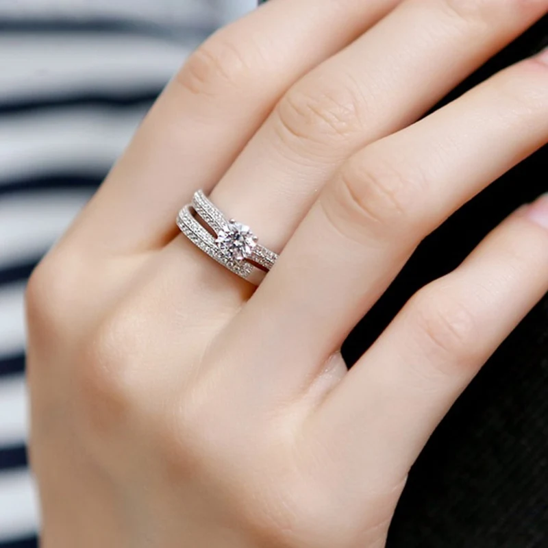 

Women Wedding Ring Set Sparkling Perfect Round Cut Zircon Stone Rings Female Party Jewelry 2 Color Silver&Rose Gold