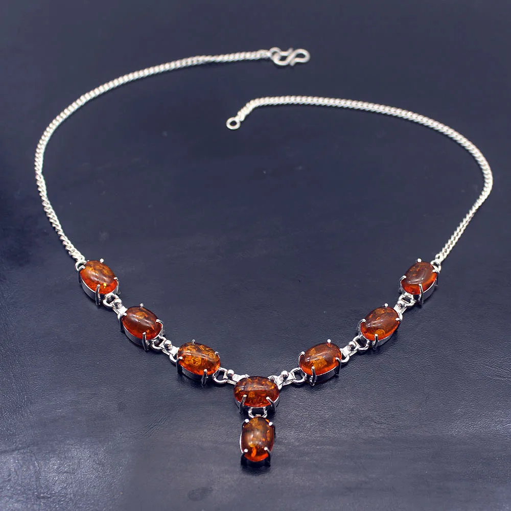 

Precious Fashion Baltic Natural Amber925 Sterling Silver Pendant Necklace Women Jewelry 19 Inch H50