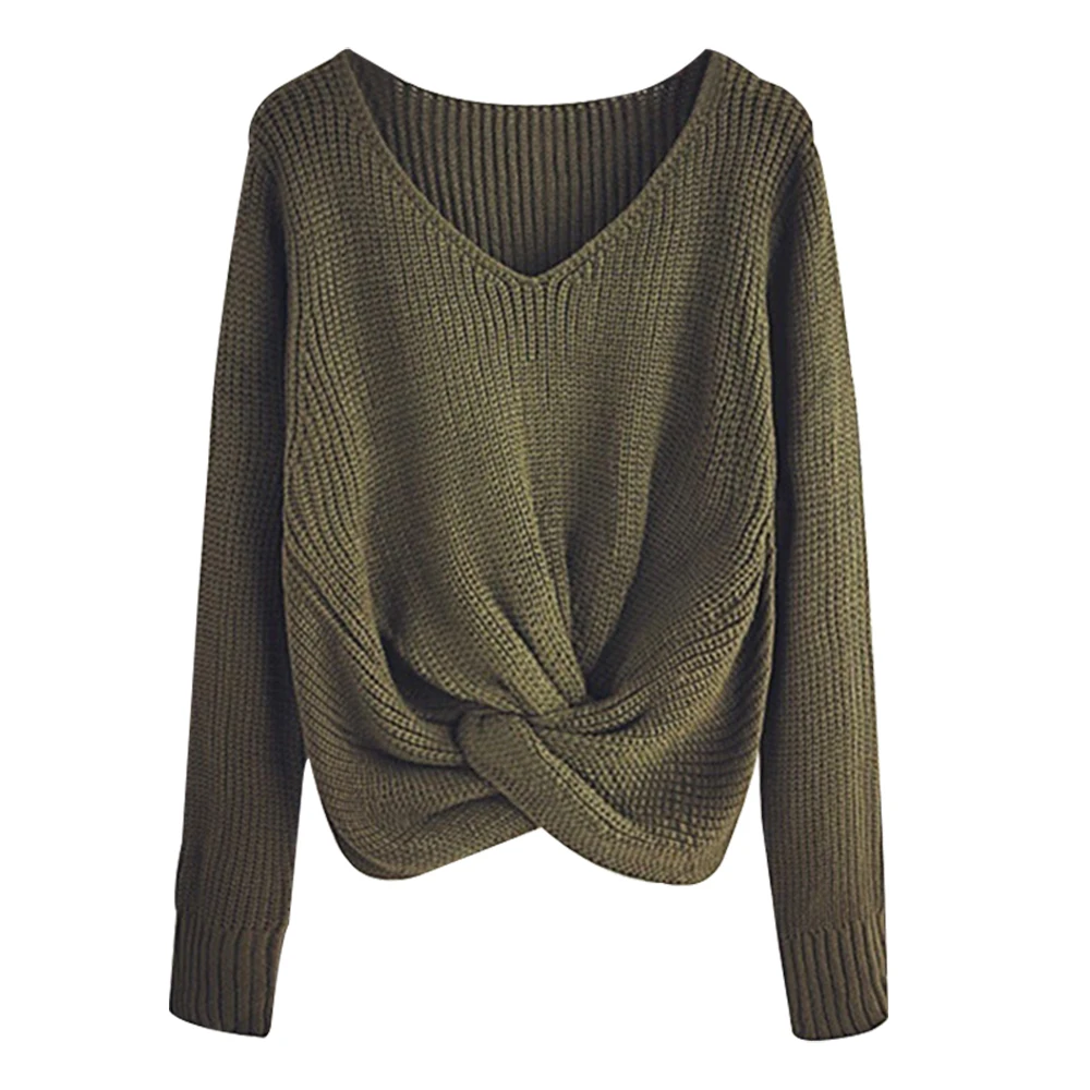 Осень, женский свитер с открытыми плечами и перекрестными узорами спереди, однотонный пуловер с длинным рукавом и v-образным вырезом, Свободный вязаный свитер, топы