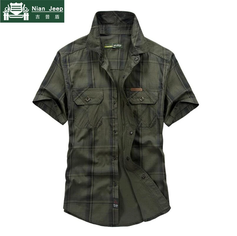 Online Marke Armee Militärischen Stil Shirt Männer 2018 Sommer 100% Baumwolle Plaid Kurzarm Mens Shirts Plus Größe 4XL 5XL Camisa masculina