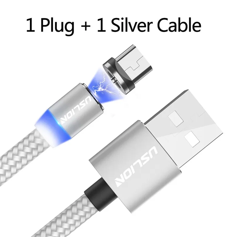 Магнитный светодиодный кабель USLION type C Micro usb для зарядки iPhone XS MAX, магнитное зарядное устройство USB C, кабель для samsung huawei Xiaomi - Цвет: Silver