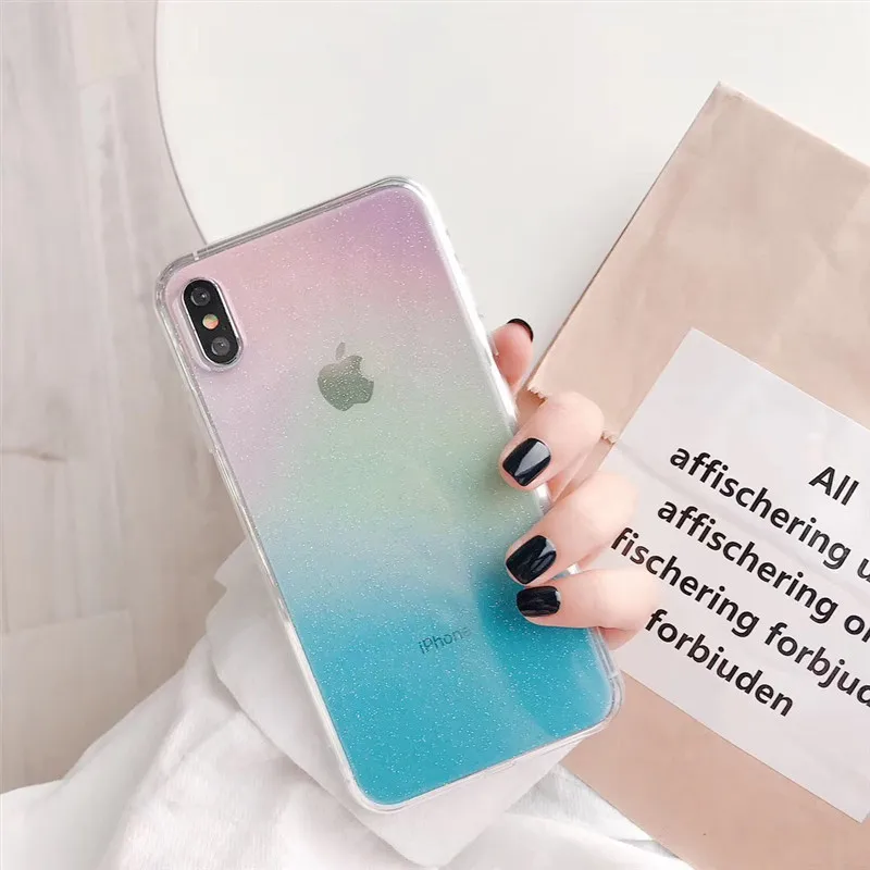 

For iPhone 8 Glitter Clear Gradient Pink Blue Phone Cases For iPhone 8 7 6 6S Plus X XR XS MAX Transparent Back Protect Funda