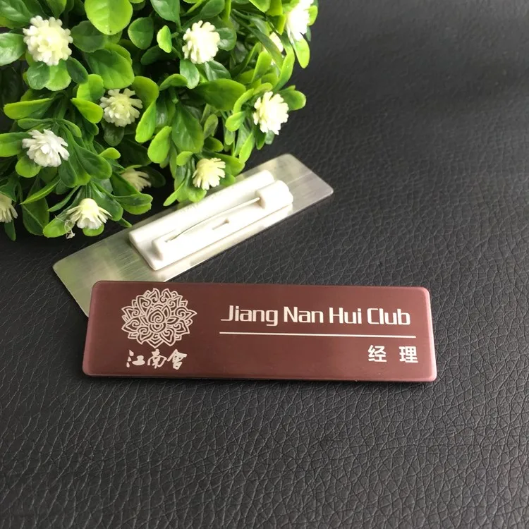 1pc custom name tag reusable badge staff laser logo metal pin badge gold with stainless steel plate 70X20mm (5)