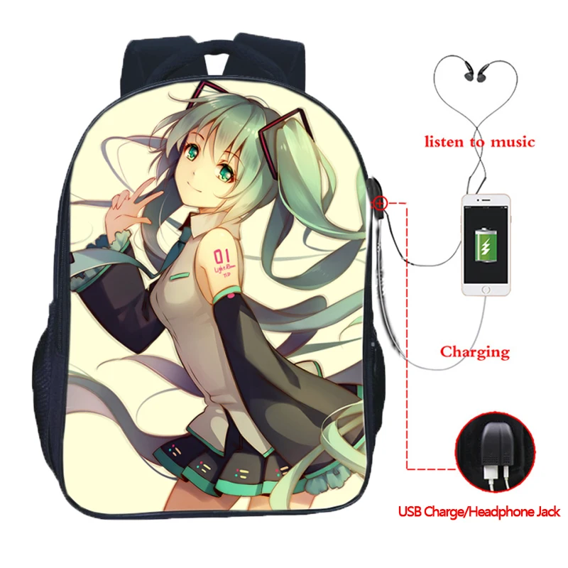 

Hot Sale Top Quality VOCALOID Hatsune Miku USB Charging Backpack Fashion Travel Rucksack Students Boys Girls School Bag
