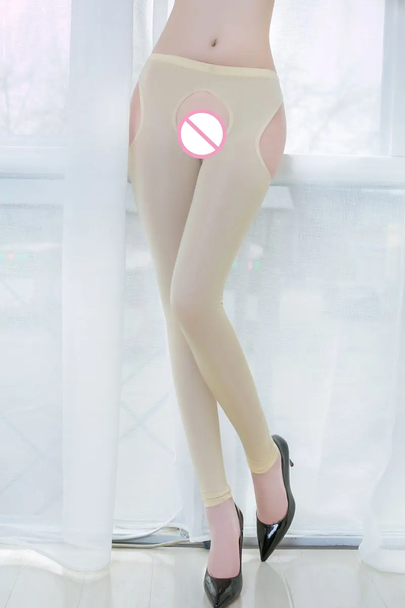 Sexy Women Candy Color Ice Silk Hollow Open Crotch Transparent Leggings See Through Pencil Pants Erotic Lingerie F16