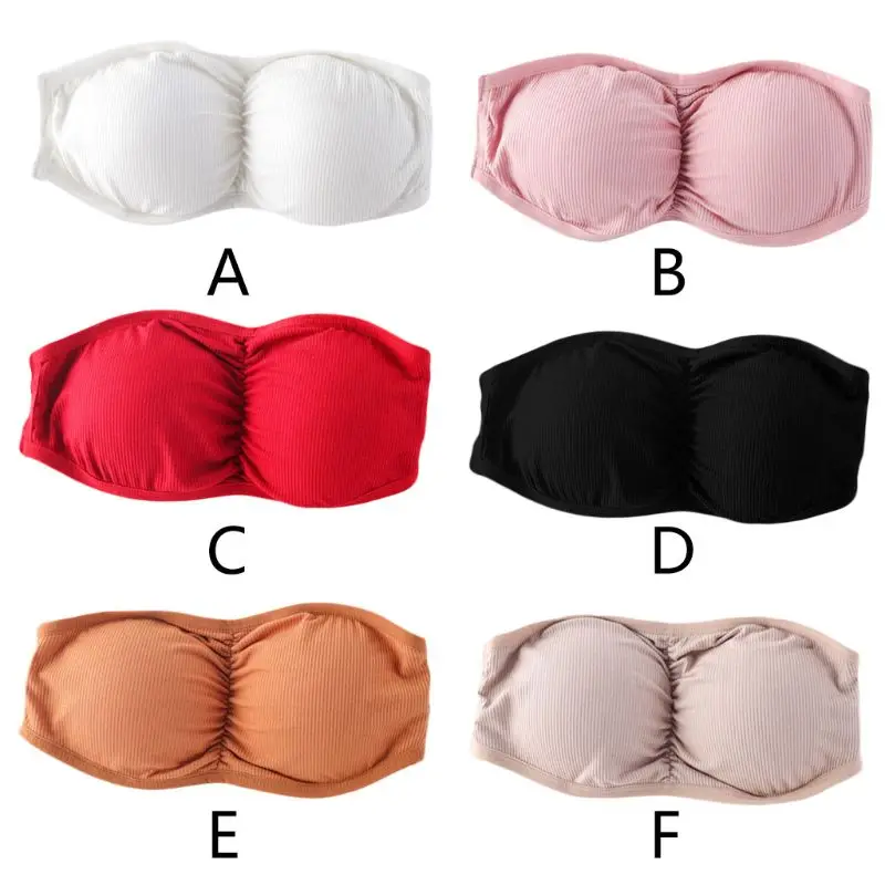 

Women Sexy Strapless Ruched Push Up Bra Padded Hollow Out Backless Wireless Underwear Bandeau Thread Ribbed Adjustable Bralette